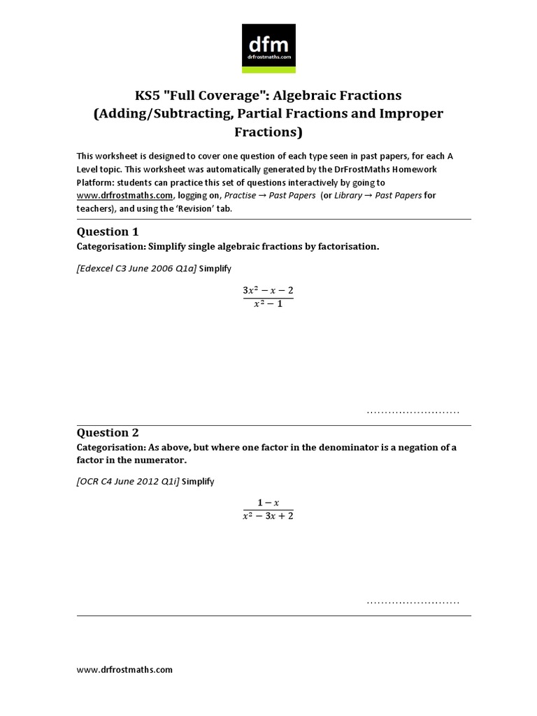 A Level Algebraic Fractions Practice | PDF | Fraction (Mathematics ...