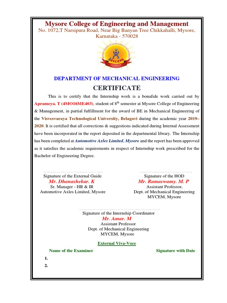 Mysore College of Engineering and Management: Certificate | PDF