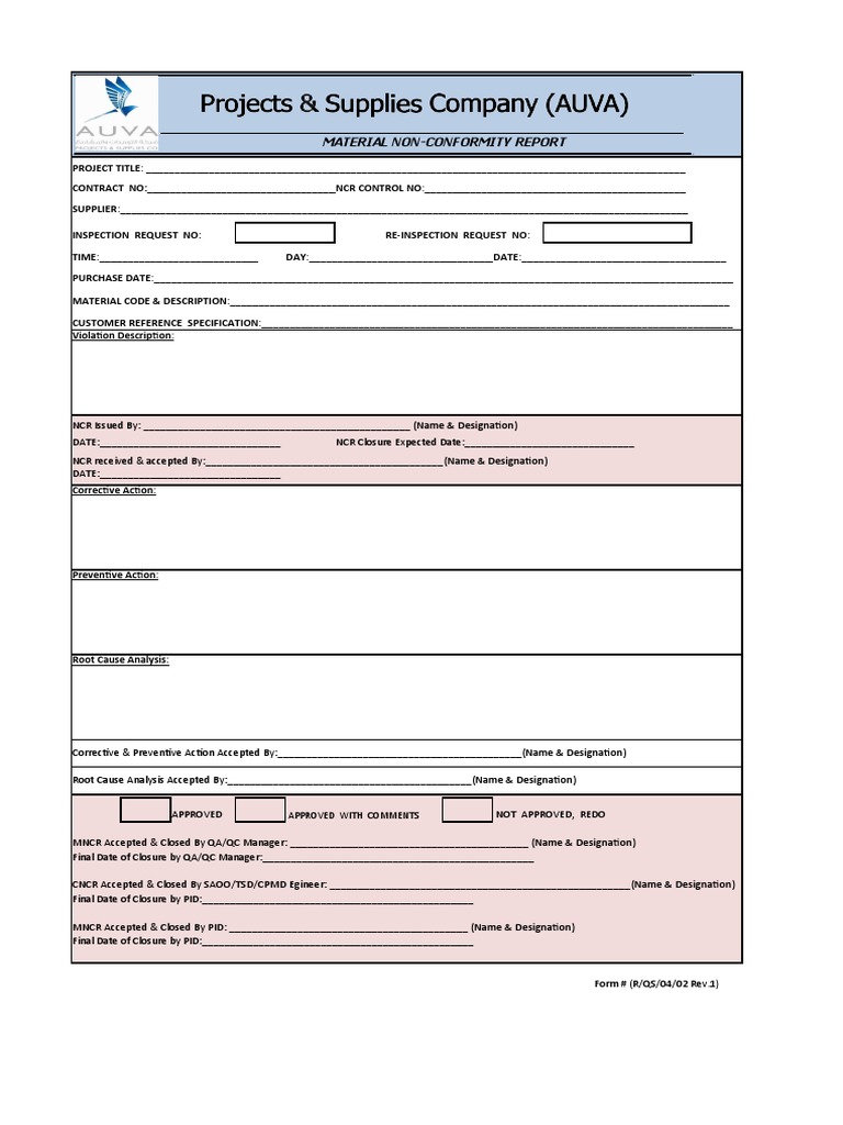 Material Non-Conformity Report Template | PDF | Production And ...