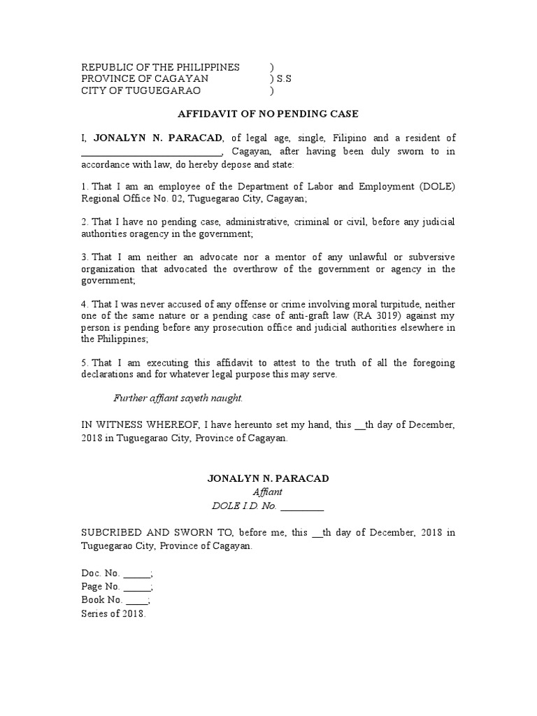 Affidavit of No Pending Case Template | PDF