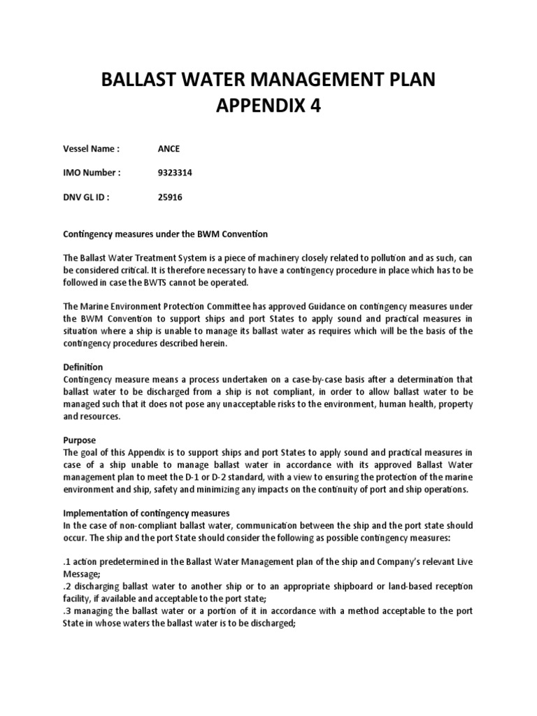 Ballast Water Management Plan Appendix 4 PDF Ships Business