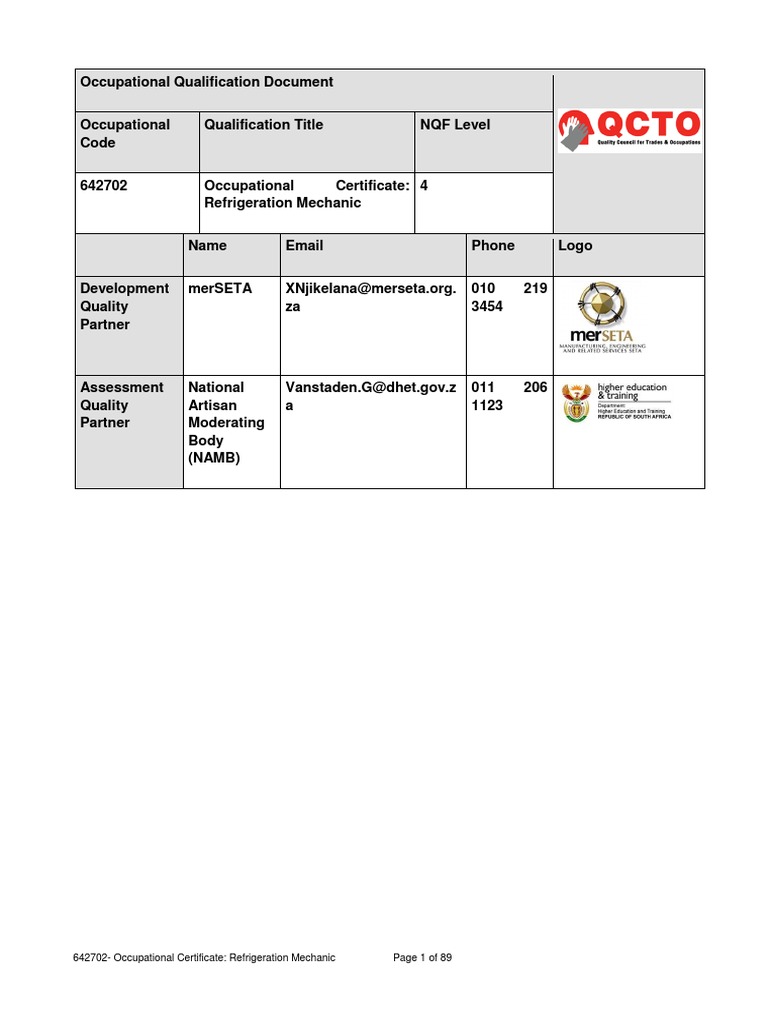 Occupational Certificate: Refrigeration Mechanic | PDF | Refrigeration ...