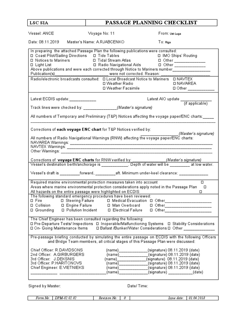 DPM-02.02.02. Passage Planning Checklist | PDF | Navigation | Tide
