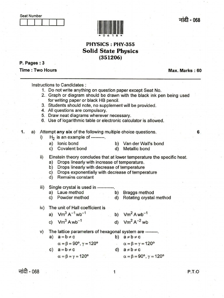 Solid State Physics Exam Paper | PDF | X Ray Crystallography | Crystal ...