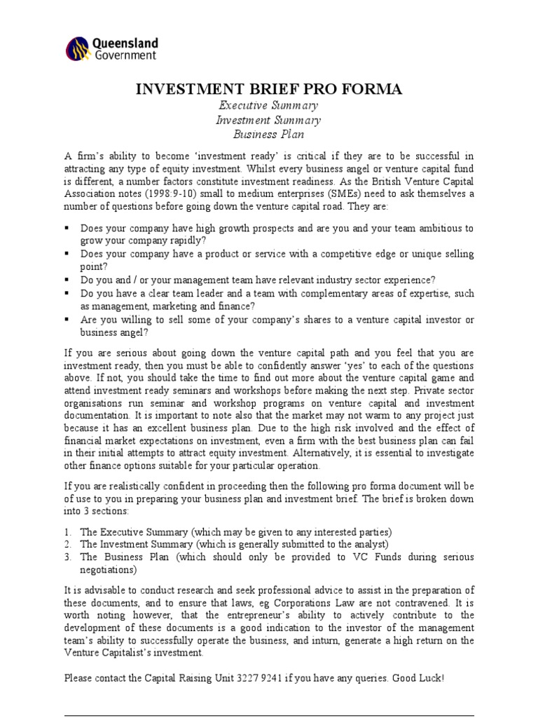 Investment Brief Pro Forma | PDF | Venture Capital | Corporate Finance