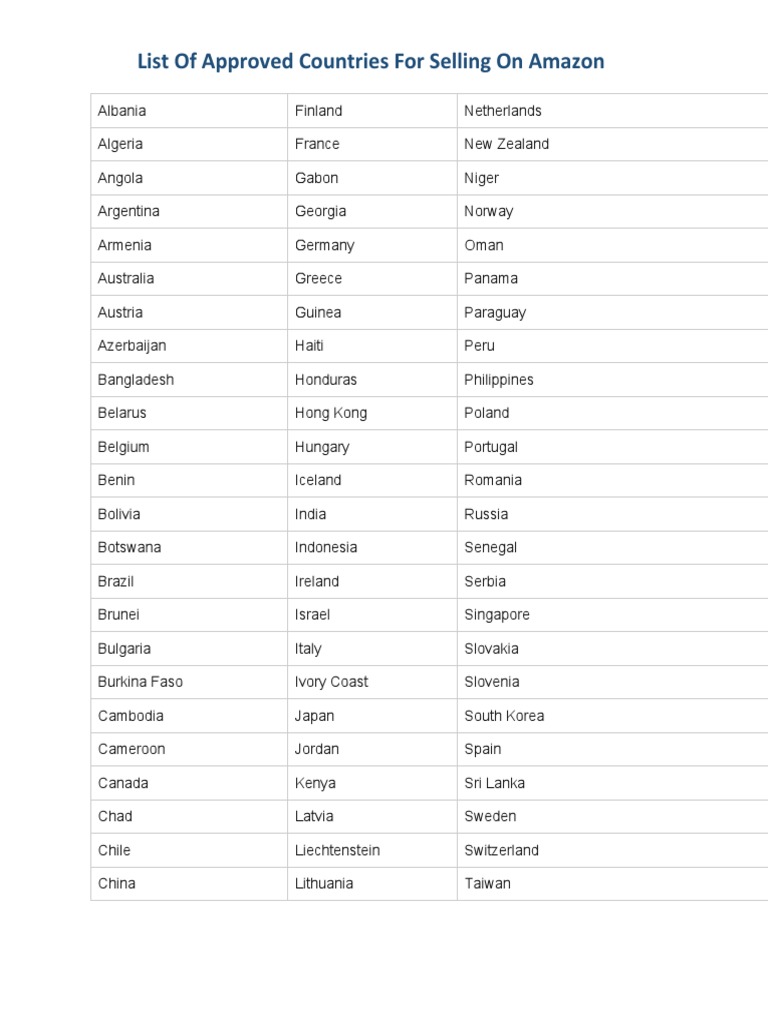 Amazon Approved Countries LIst PDF