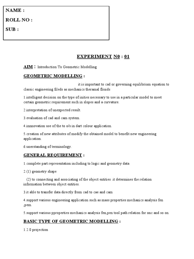 Name Roll No Sub AIM Geometric Modelling PDF Computer Aided
