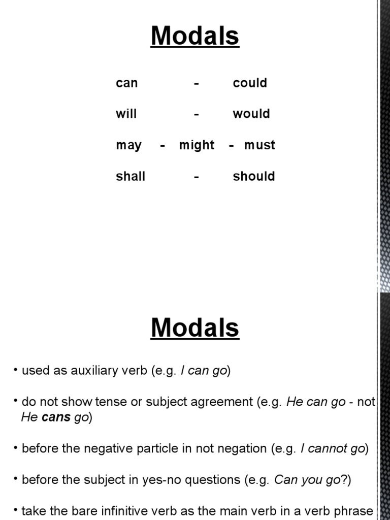 Modals: Can - Could Will - Would May - Might - Must Shall - Should | PDF