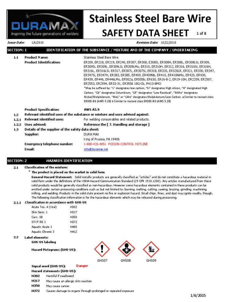 Stainless Steel Bare Wire Safety Data Sheet PDF Welding Construction