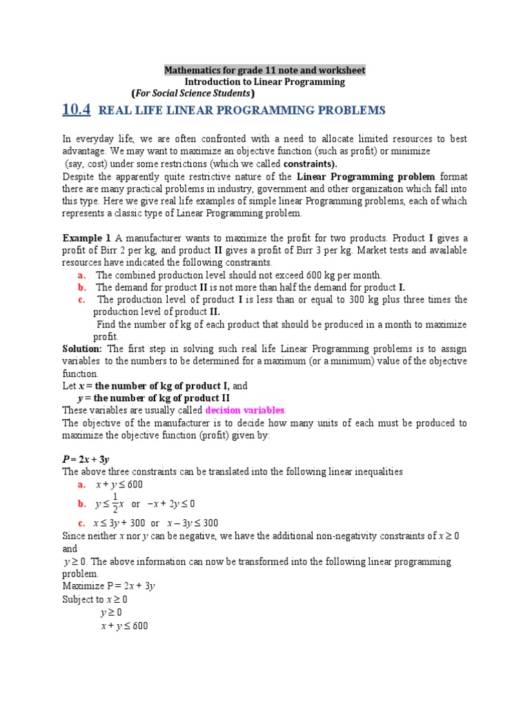 Math Grade 11 Social Note And Worksheet Week 11 Linear Programming Mathematical Optimization