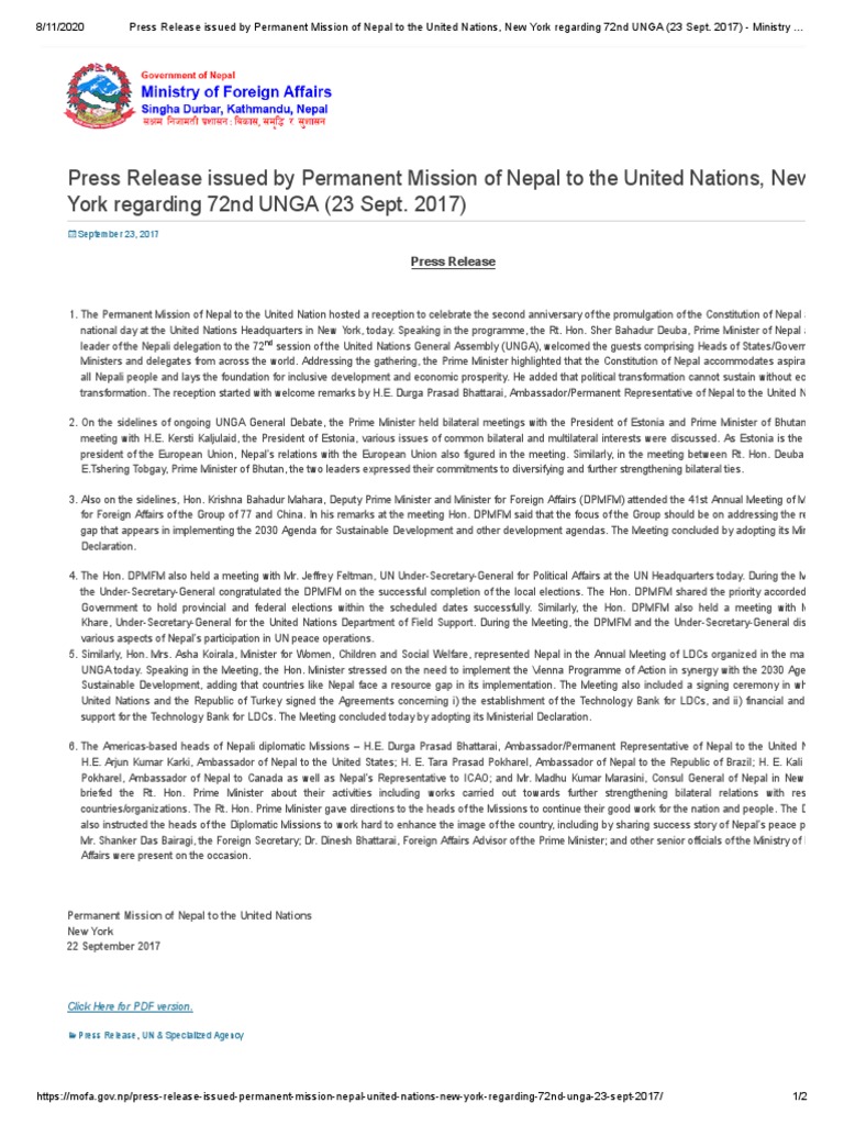 Press Release Issued by Permanent Mission of Nepal To The United ...
