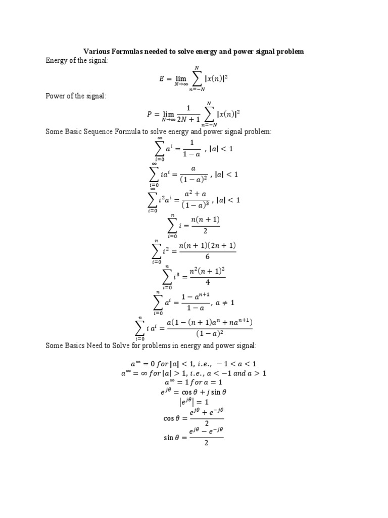 Various Formulas Needed To Solve Energy and Power Signal Problem | PDF ...