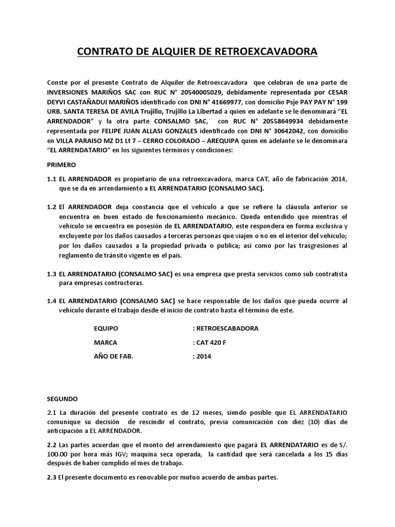 Contrato de Alquier de Retroexcavadora | PDF