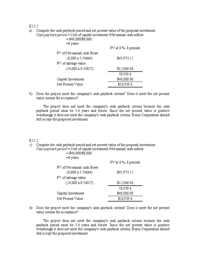 Cash Payback Period Cost of Capital Investment Annual Cash Inflow