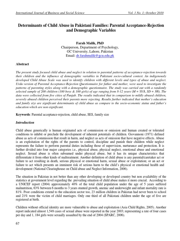 Determinants of Child Abuse in Pakistani Families: Parental Acceptance ...