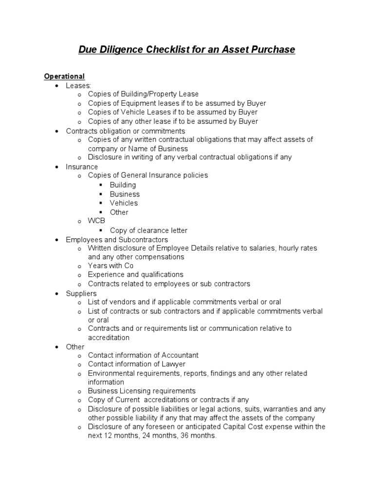 Due Diligence Checklist for an ASSET Purchase Lease Due Diligence
