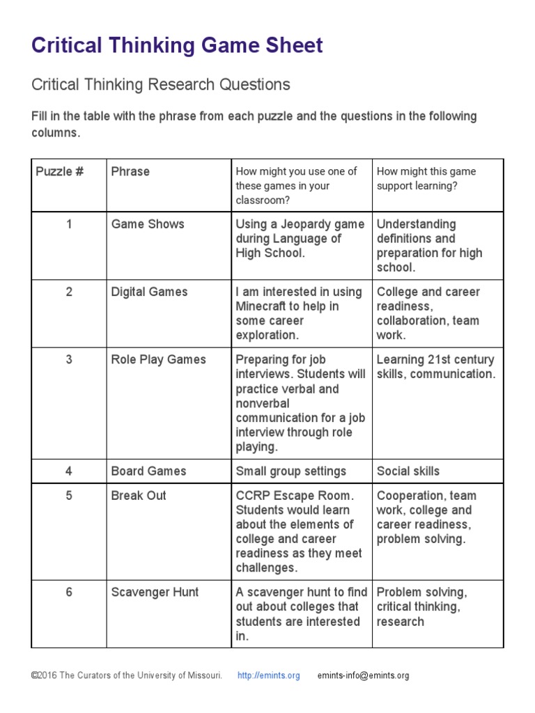 Etep Critical Thinking Game Sheet | PDF | Critical Thinking | Thought