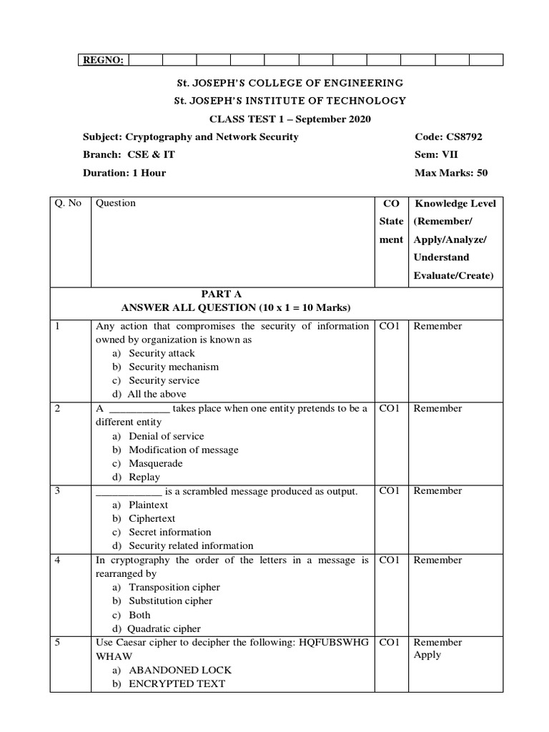 Cryptography Test Questions September 2020 | PDF | Cipher | Cryptography