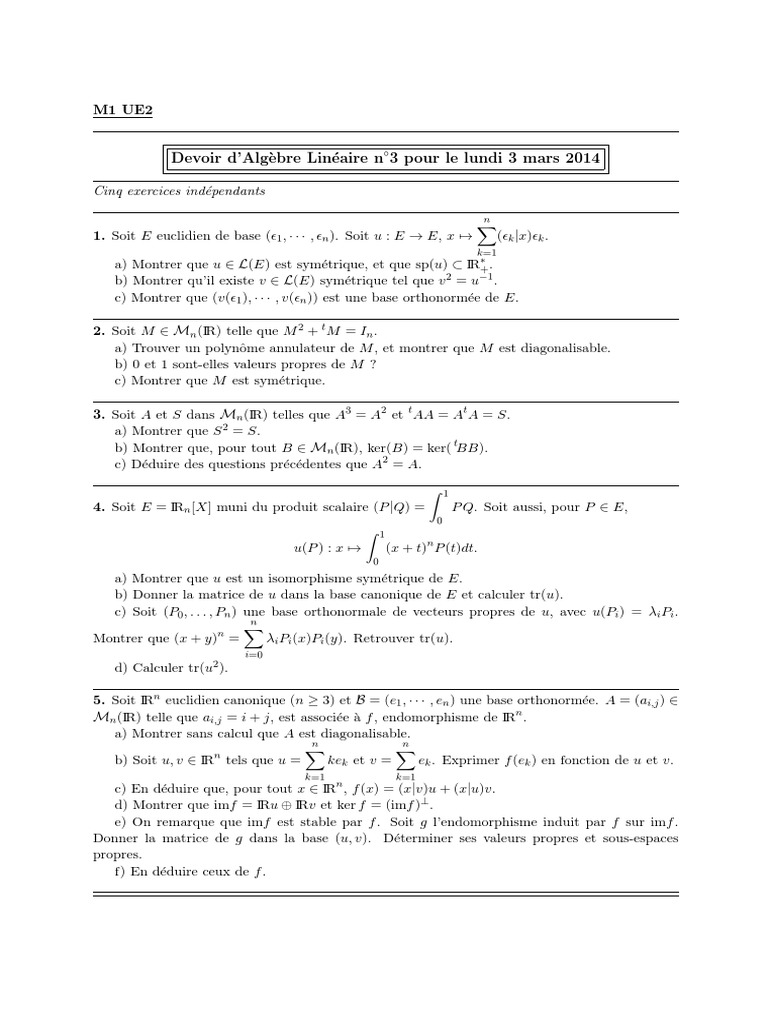 Alglin Devoir3 E14 3 Pdf Base Algebre Lineaire Espace Euclidien