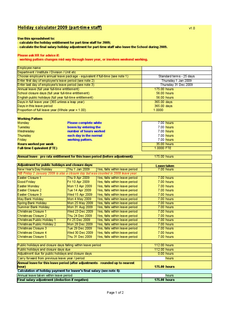Holiday Calculator 2009 (PartTime Staff) PDF Workweek And Weekend Holidays
