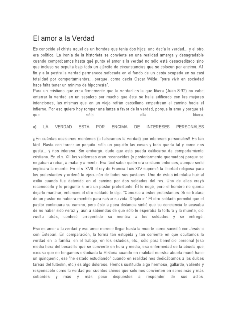La importancia de amar y defender la verdad por encima de intereses ...