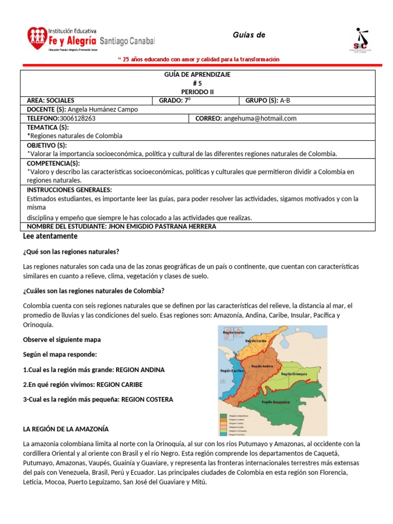 Guía de Aprendizaje: Regiones Naturales de Colombia | PDF | Selva ...