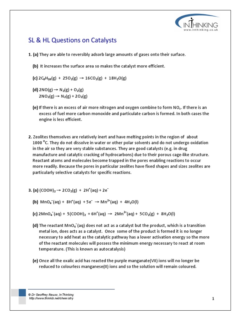SL & HL Questions On Catalysts © DR Geoffrey Neuss, Inthinking PDF