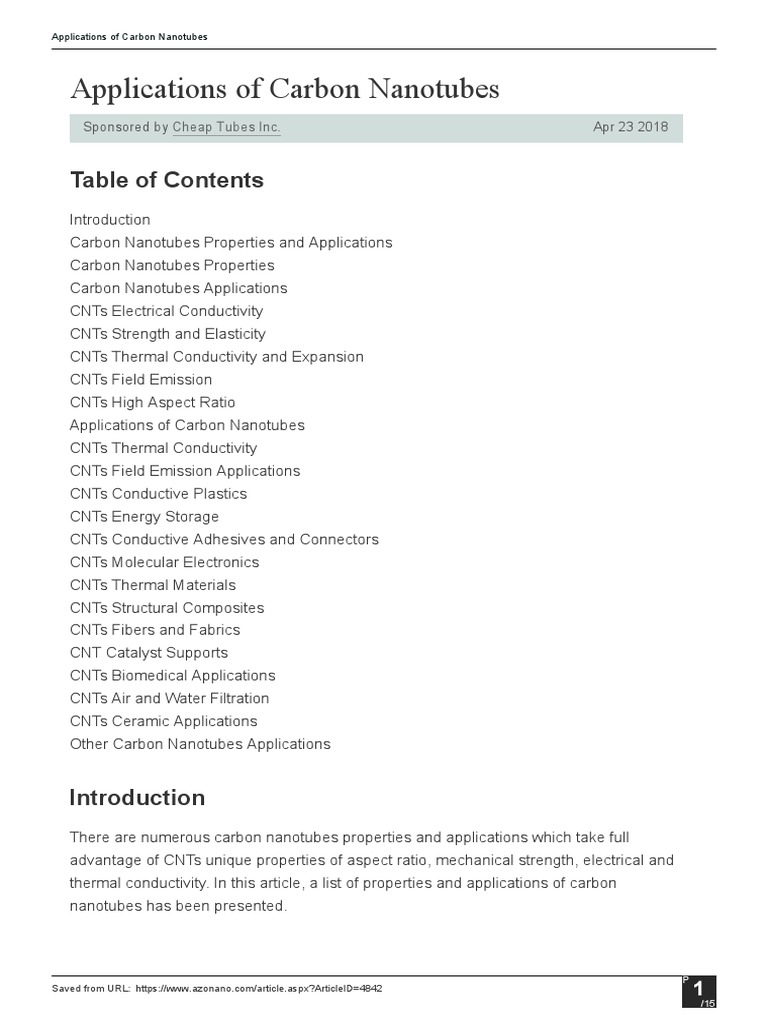 Applications of Carbon Nanotubes | PDF | Carbon Nanotube | Electrical ...