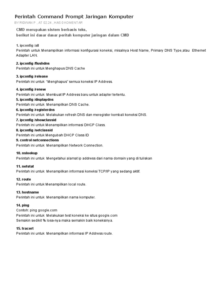 Perintah Command Prompt Jaringan Kompute PDF | PDF