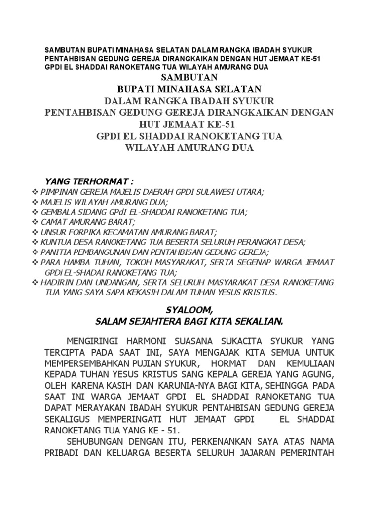 Contoh Sambutan Peresmian Gereja Docx