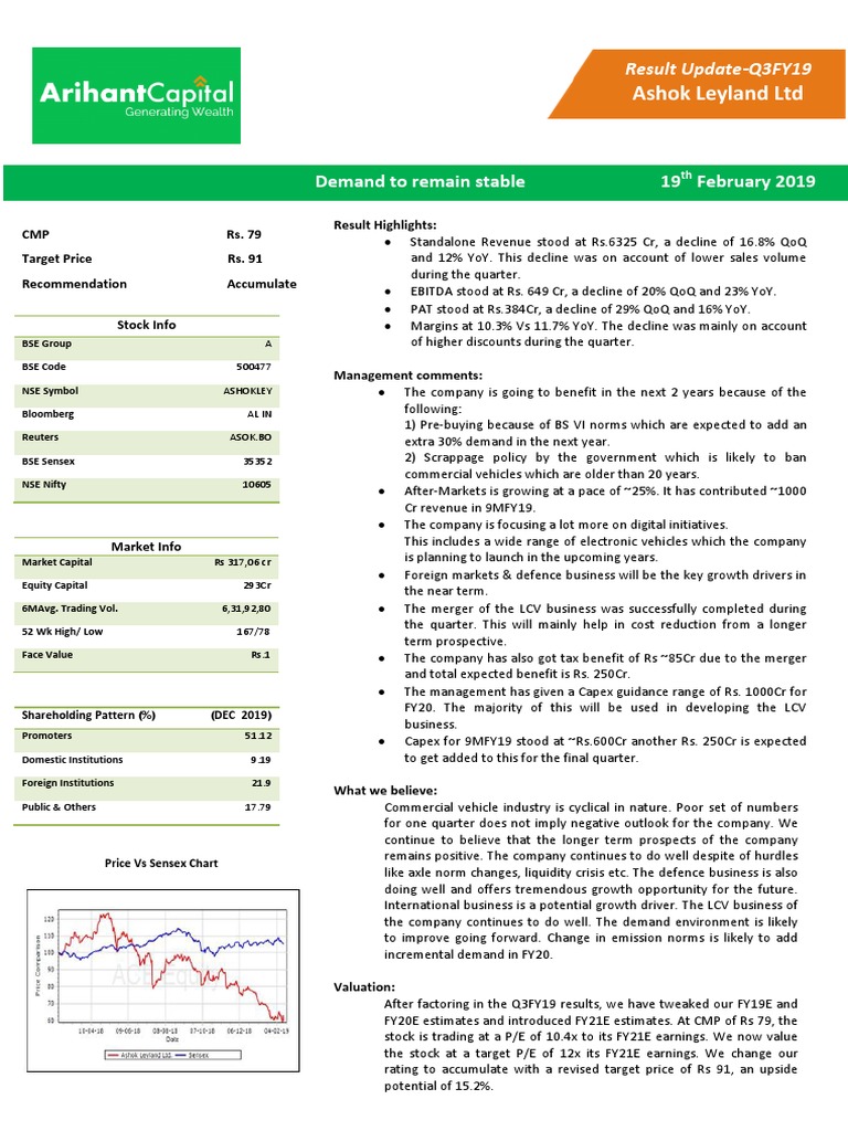 Ashok Leyland Q3FY19 Result Update PDF Earnings Before Interest