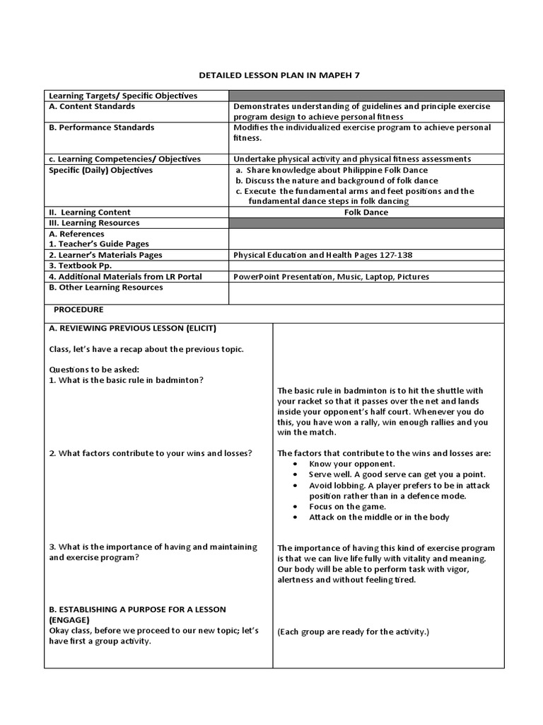 Folk Dance Lesson Plan for Grade 7 | PDF | Foot | Dances