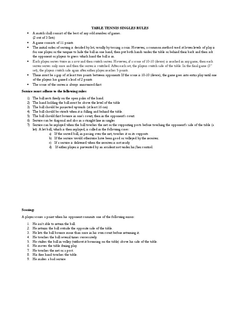 Table Tennis Singles and Doubles Rules Summary PDF Table Tennis