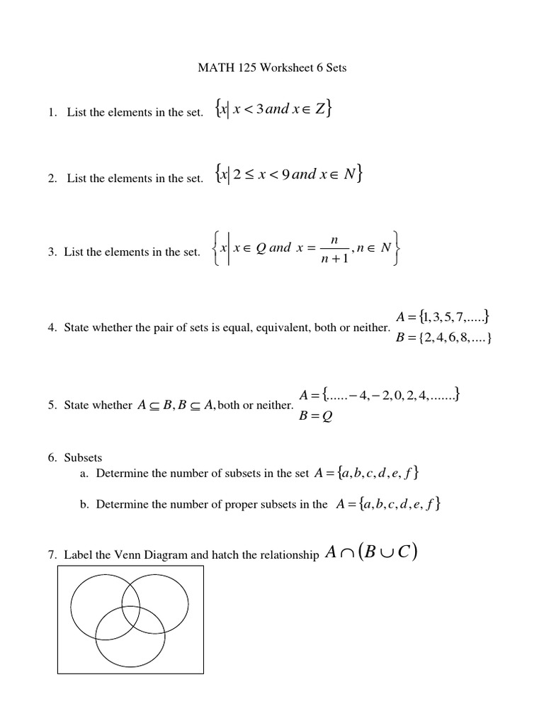 Math 125 Sets and Subsets Worksheet | PDF | Teaching Methods ...