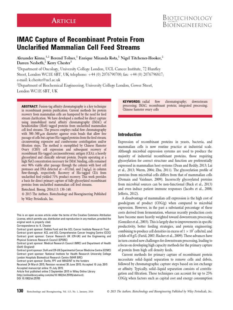 Imac Capture of Protein From Unclarified Mammalian Cell