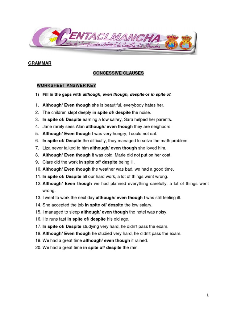 Concessive Clauses Worksheet Answers | PDF