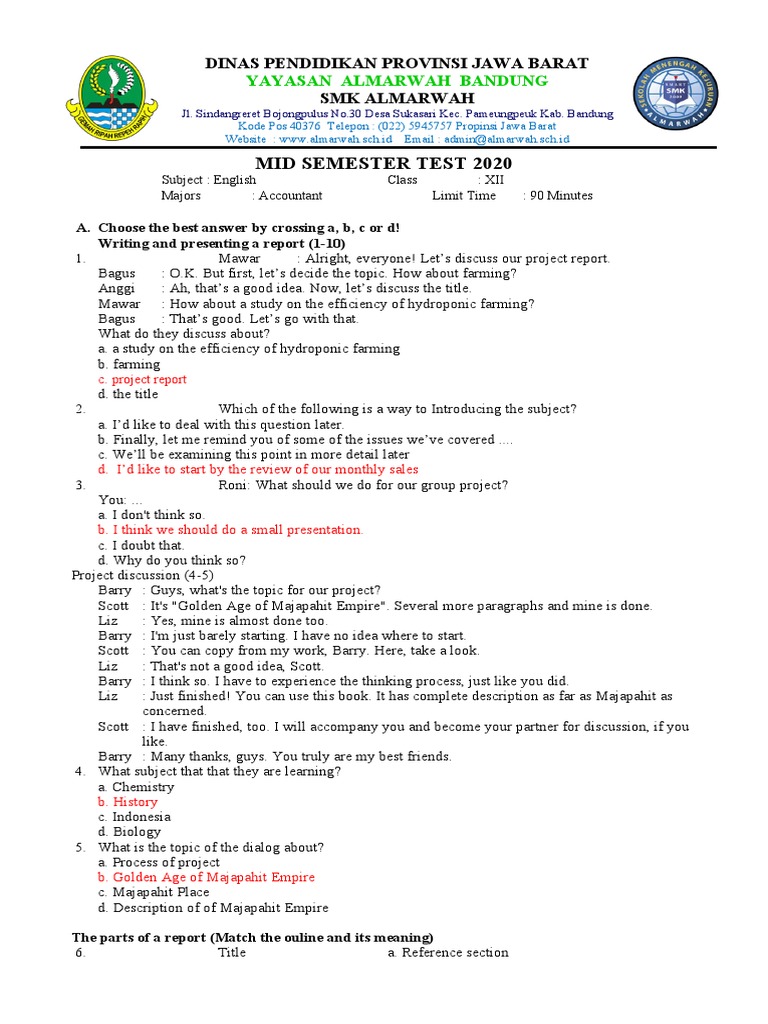 Mid Semester Test 2020 12 Ak | PDF | Foods | Restaurant And Catering