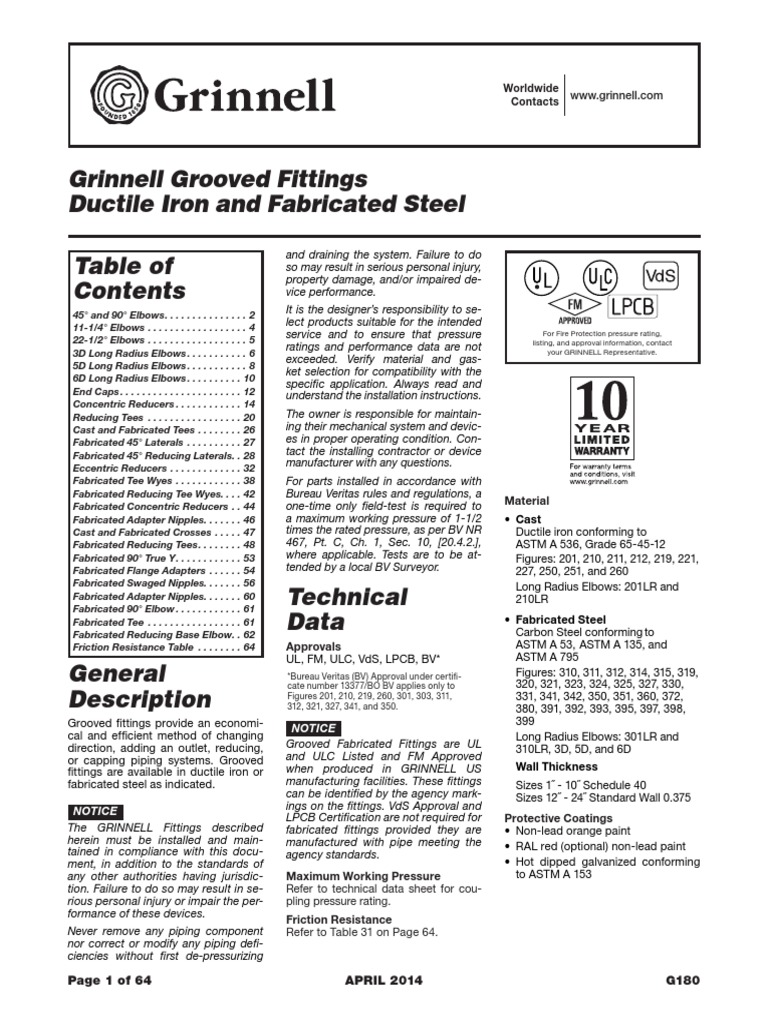 Grinnell Grooved Fittings Ductile Iron and Fabricated Steel Table of Download Free PDF Pipe