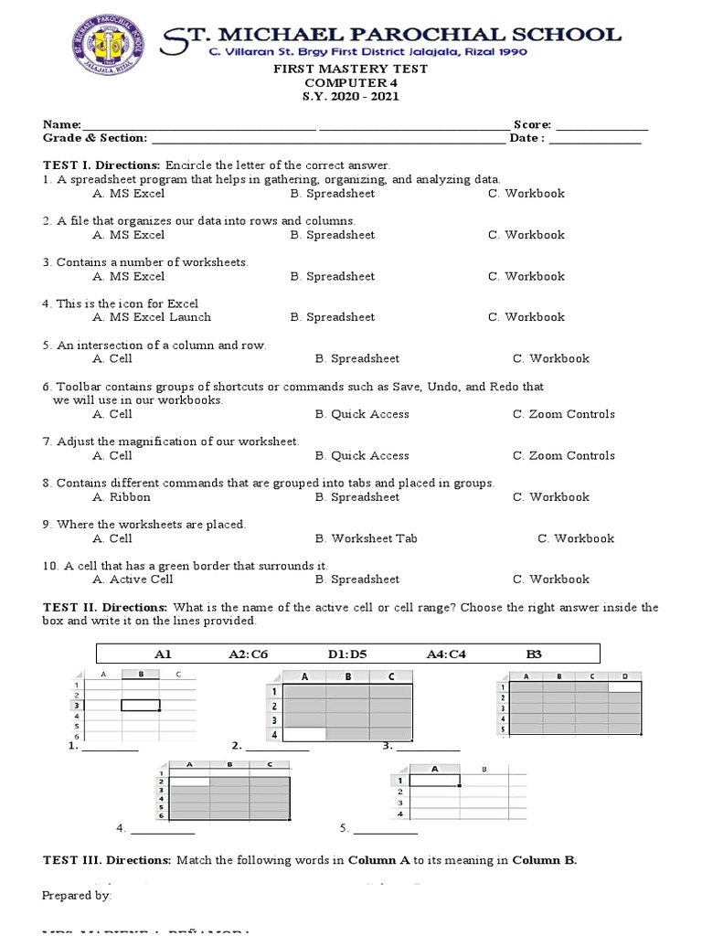 Excel Basics Mastery Test 2020-2021 | PDF | Spreadsheet | Worksheet