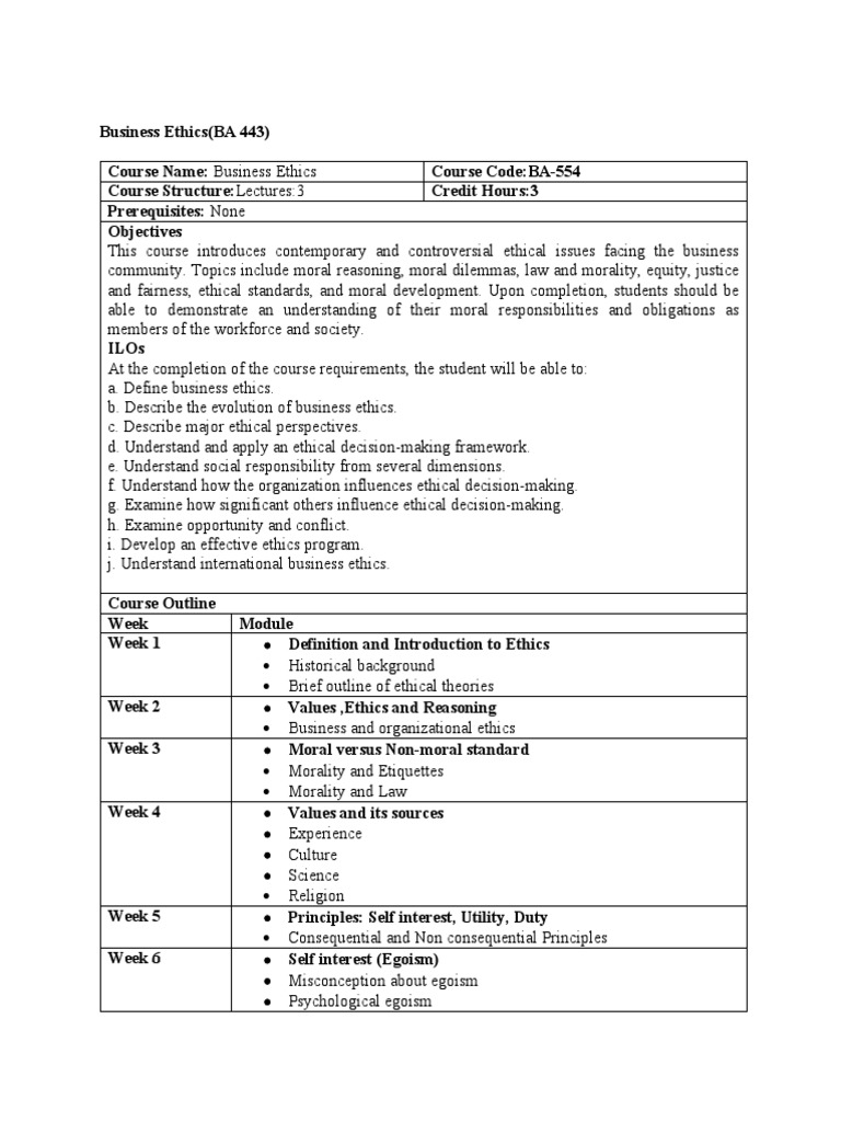 Business Ethics Course Overview BA 443/554 | PDF | Business Ethics ...