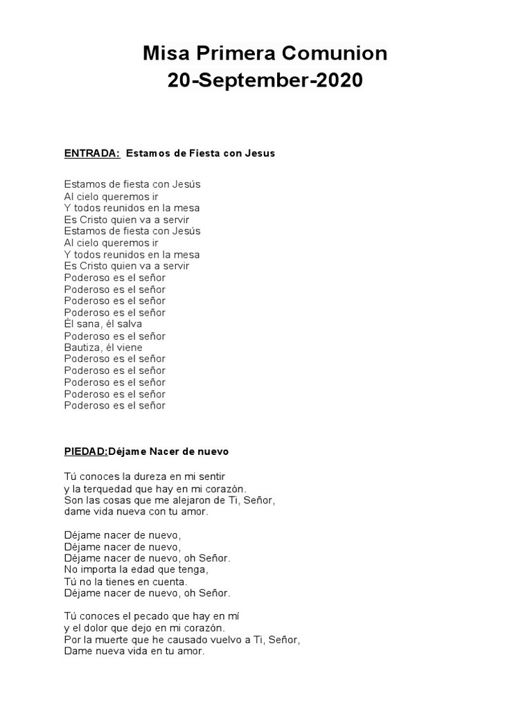 Misa Primera Comunion Letra de Las Canciones | PDF | eucaristía ...
