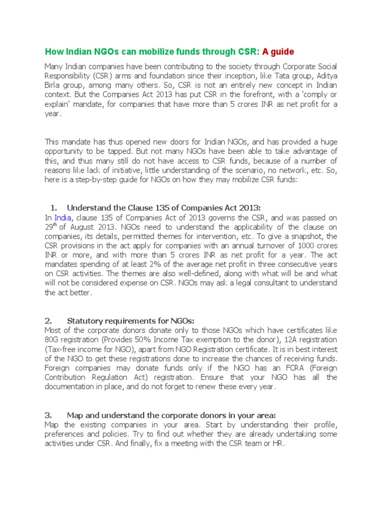 Fundraising Guide for Indian NGOs via CSR | PDF | Non Governmental ...