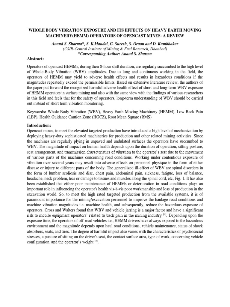 Whole Body Vibration Exposure and Its Effects On Heavy Earth Moving ...