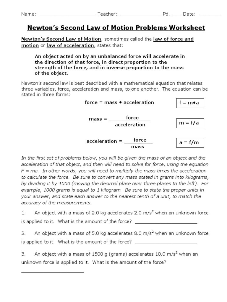 Newton's Second Law Problems Worksheet | PDF | Mass | Kilogram