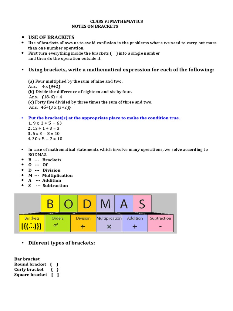 Class 6 Maths Notes Brackets PDF Bracket Numbers