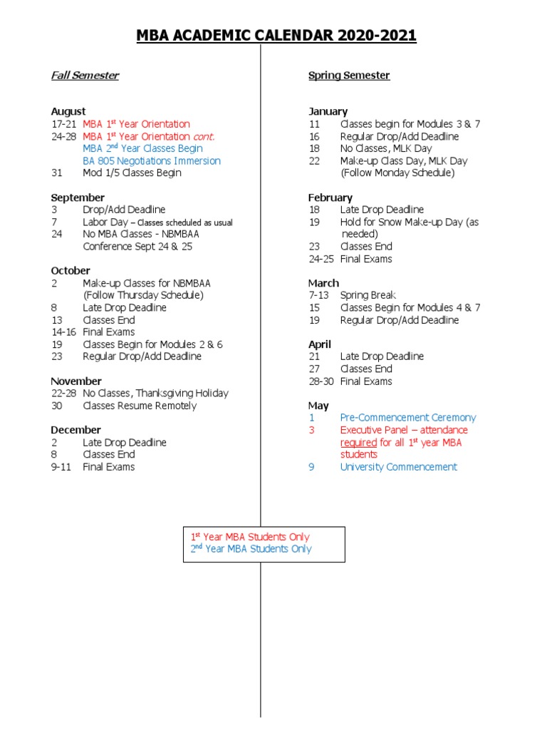 Mba Academic Calendar 2020-2021: Fall Semester | PDF