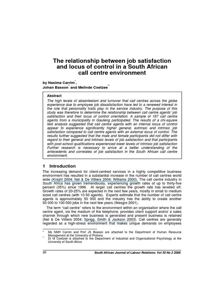 Job Satisfaction and Locus of Control in Call Centres | PDF | Job ...
