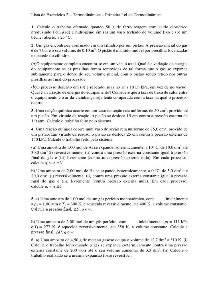 Exercícios de Termodinâmica: Primeira Lei | PDF | Termodinâmica | Gases