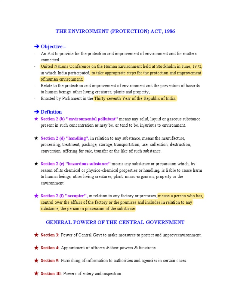 The Environment (Protection) Act, 1986 Objective Section 2 (B) "Environmental Pollutant