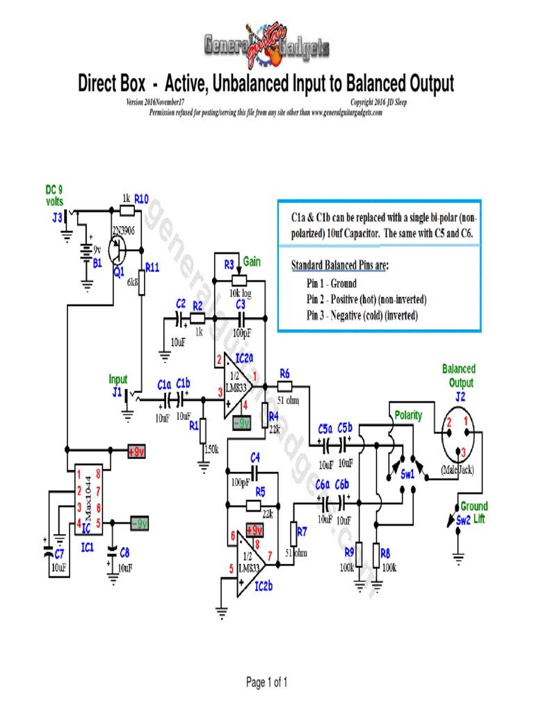 Direct Box Active, Unbalanced Input To Balanced Output Page 1 of 1 PDF